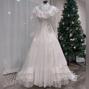 1970s vintage wedding dress with unique rose patterns all over